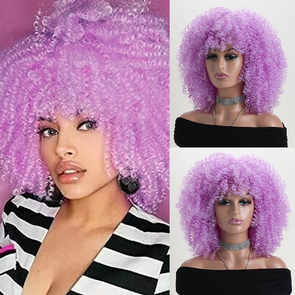 Afro Kinky Curly Wig 16 Inch Synthetic Hair with Bangs for Daily Wear
