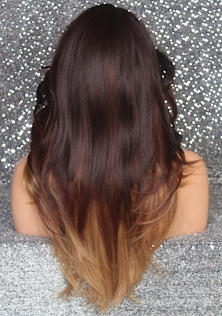 Human hair Blend Long Full Wig straight Gold Blonde Auburn with Roots RIT GM238