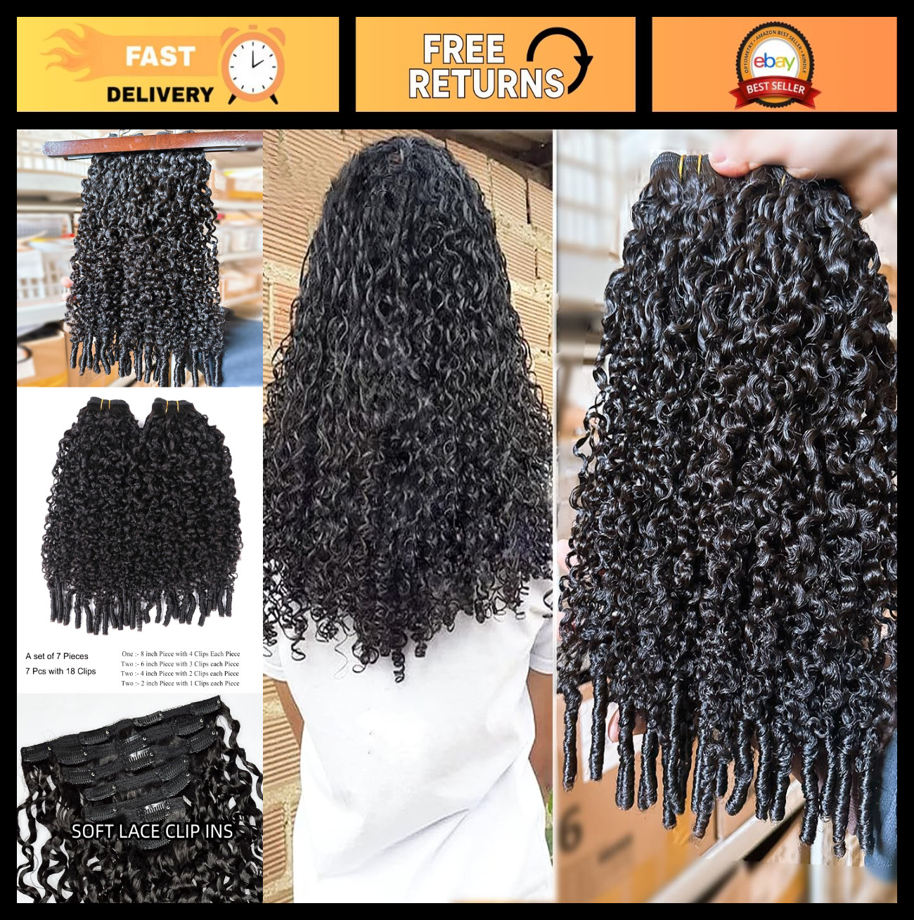 Curly Clip-In Hair Extensions 14 Inch, 240g, 3C4A Lace, 14pcs, Full Head for Bla