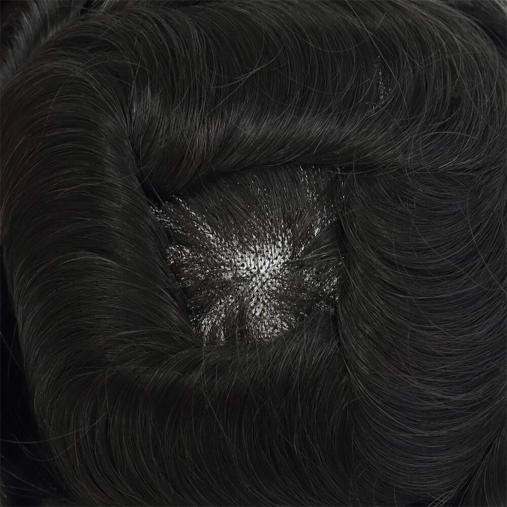 Mens Toupee Fine Mono Hair Replacement System Natural Black Hairpieces #1C