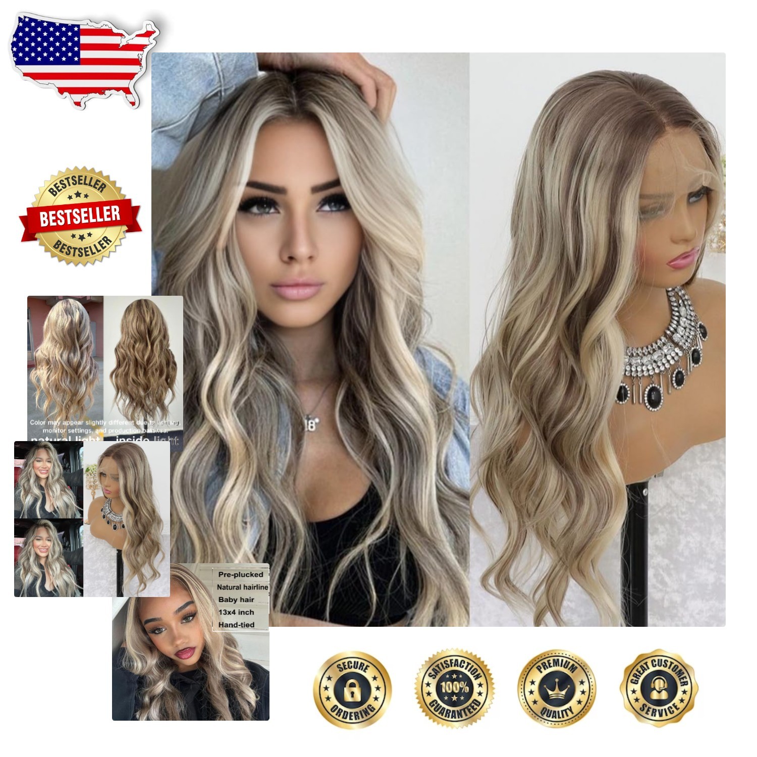 Ash Blonde Lace Front Wig 24″ Wavy Ombre Glueless Pre Plucked HD Heat Resista…