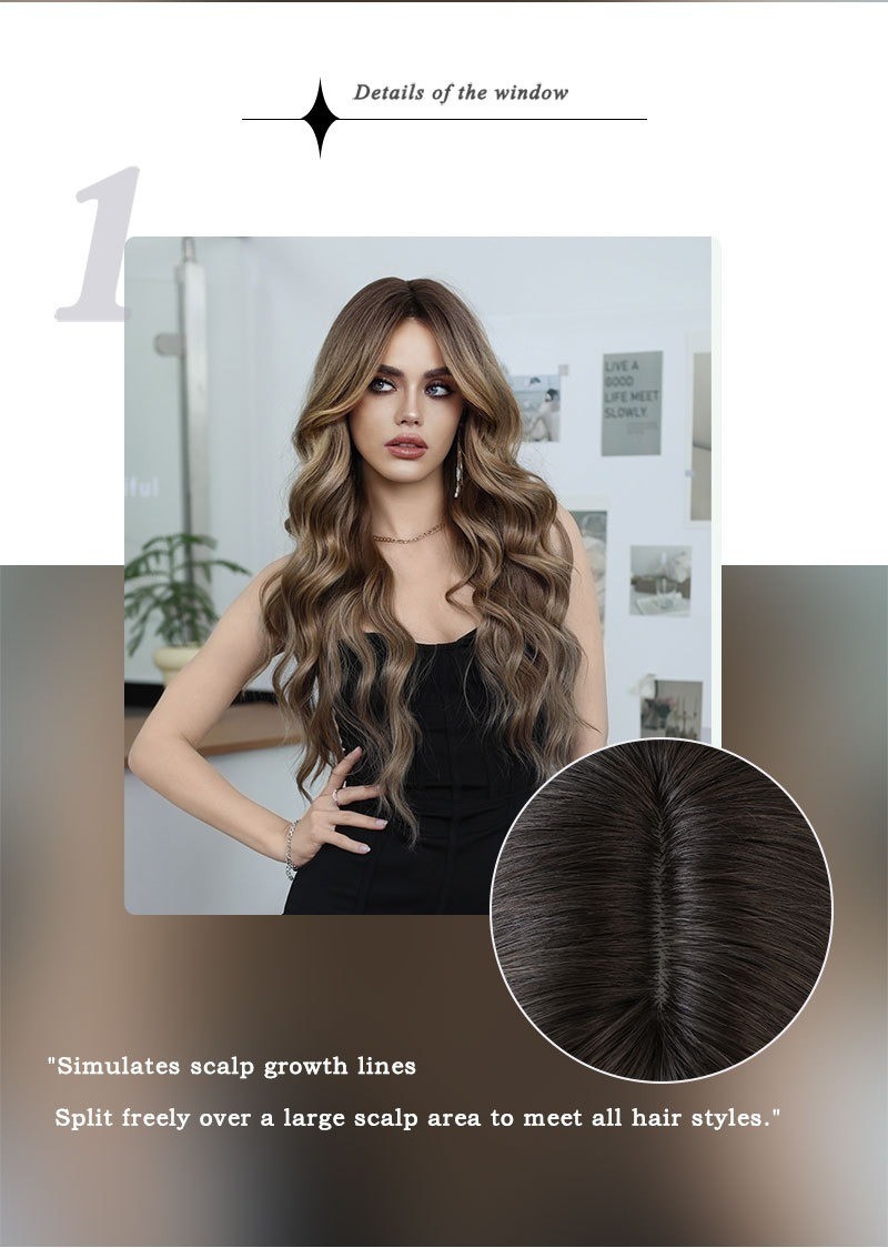 Bronze-golden long curly hair full head cover made of synthetic fiber with waves