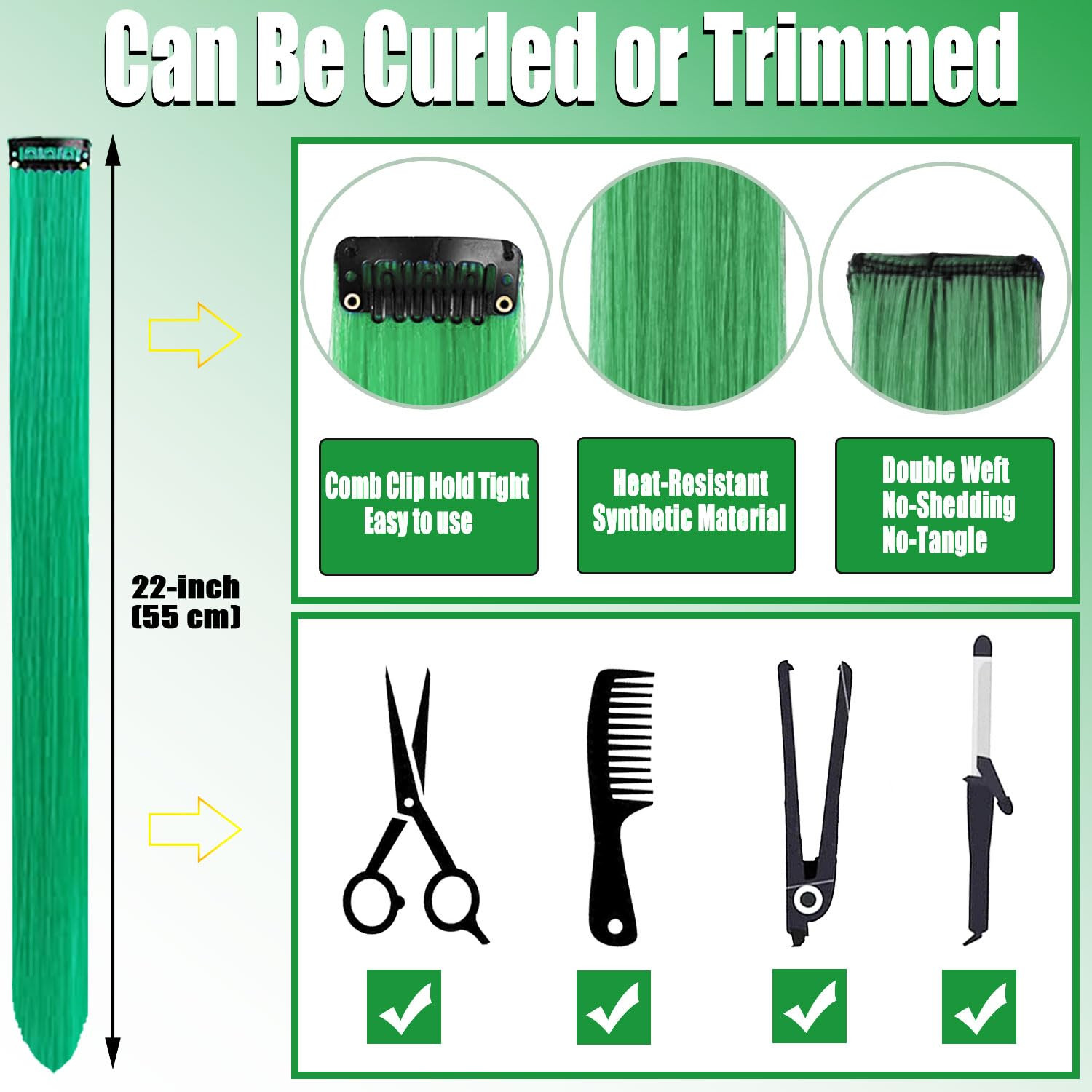 12 PCS Dark Green Clip-In Straight Hair Extensions, 20 Inch Colored Party Synthe