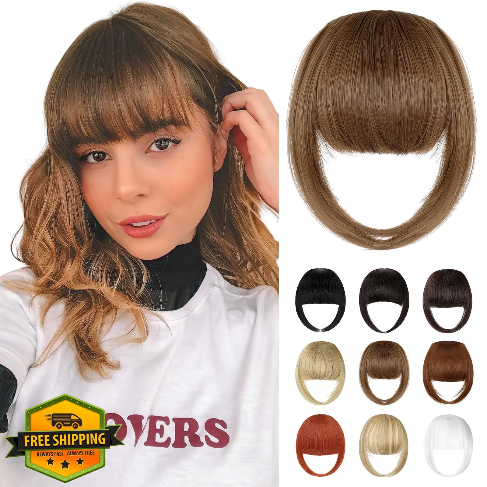 Fanguilar French Bangs Clip In Hair Brown Fringe with Temples