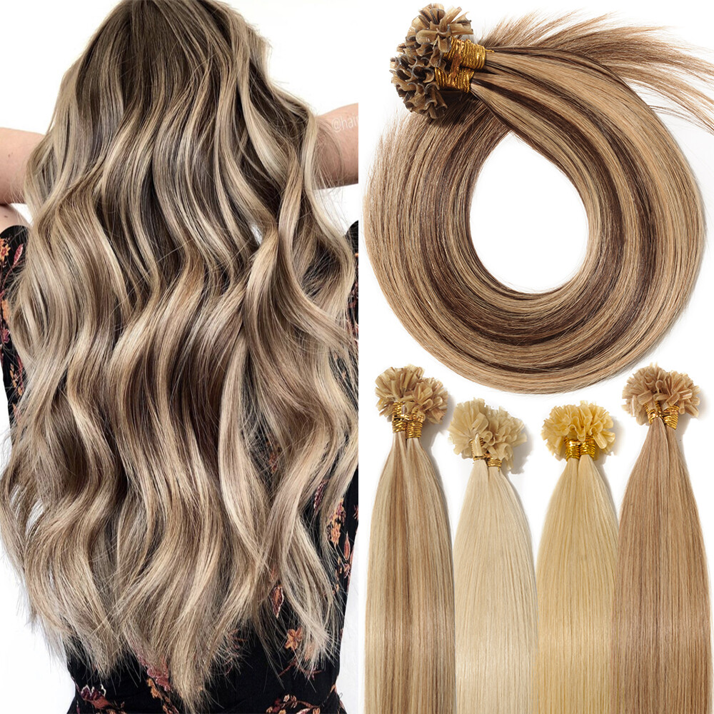 THICK 100PCS Russian 100 Remy Human Hair Extensions Nail U Tip Keratin Pre Bond