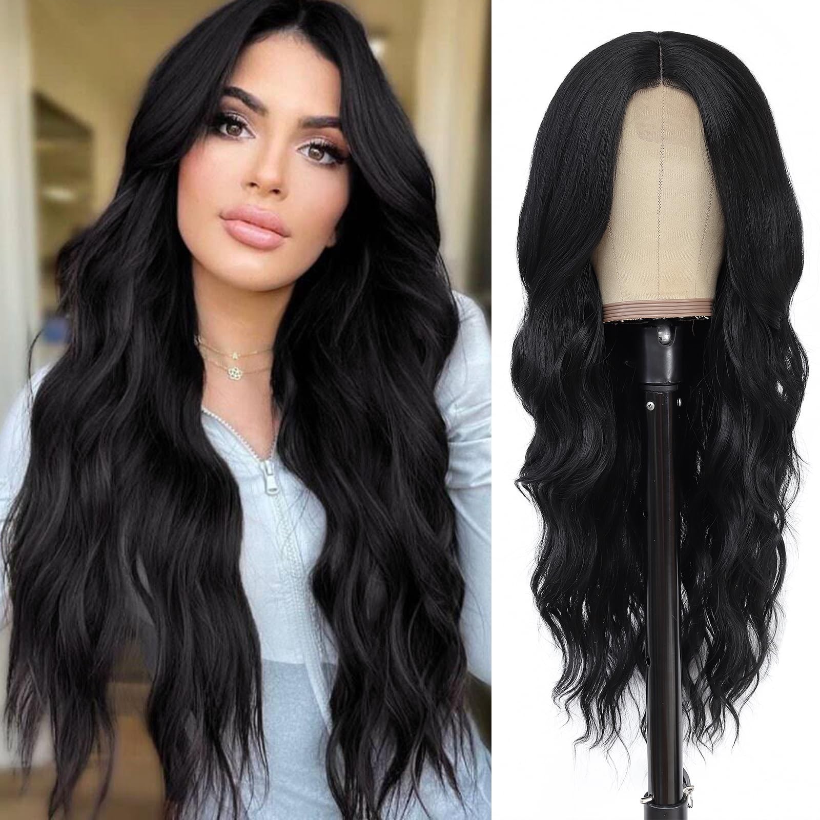 Long Wavy Wigs for Women Nature Black Middle Part Wig Synthetic Heat Resistan…