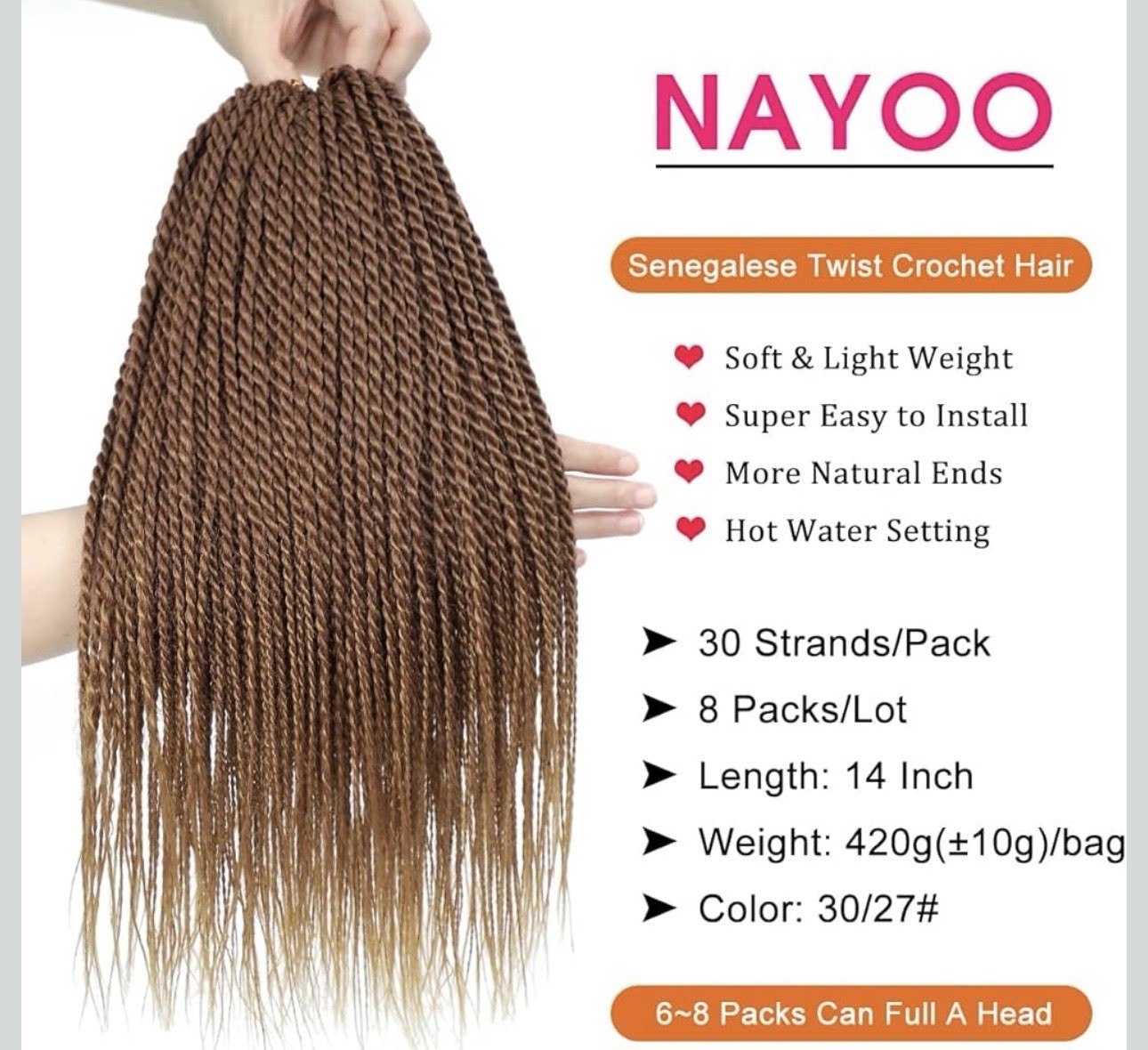 NAYOO Senegalese Twist Crochet Hair Extensions 30 Strands 14in 30/27# Synthetic