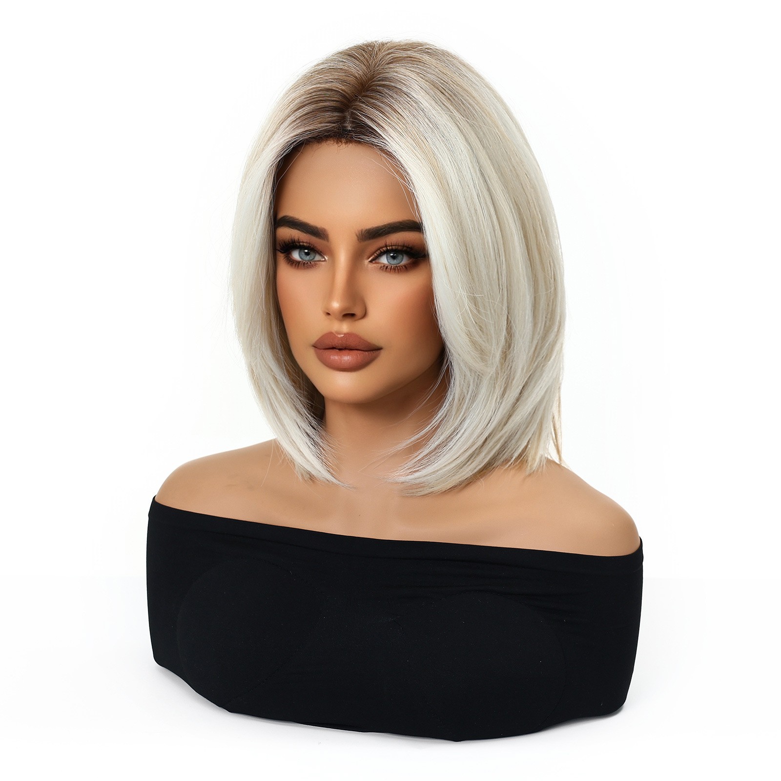 Middle Part Golden Short Straight Synthetic Rose Net Full Head Wig for Women