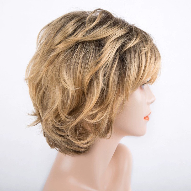 Wavy Short Fluffy Rooted Blonde Mix Synthetic Hair Wigs Women Soft Natural Daily