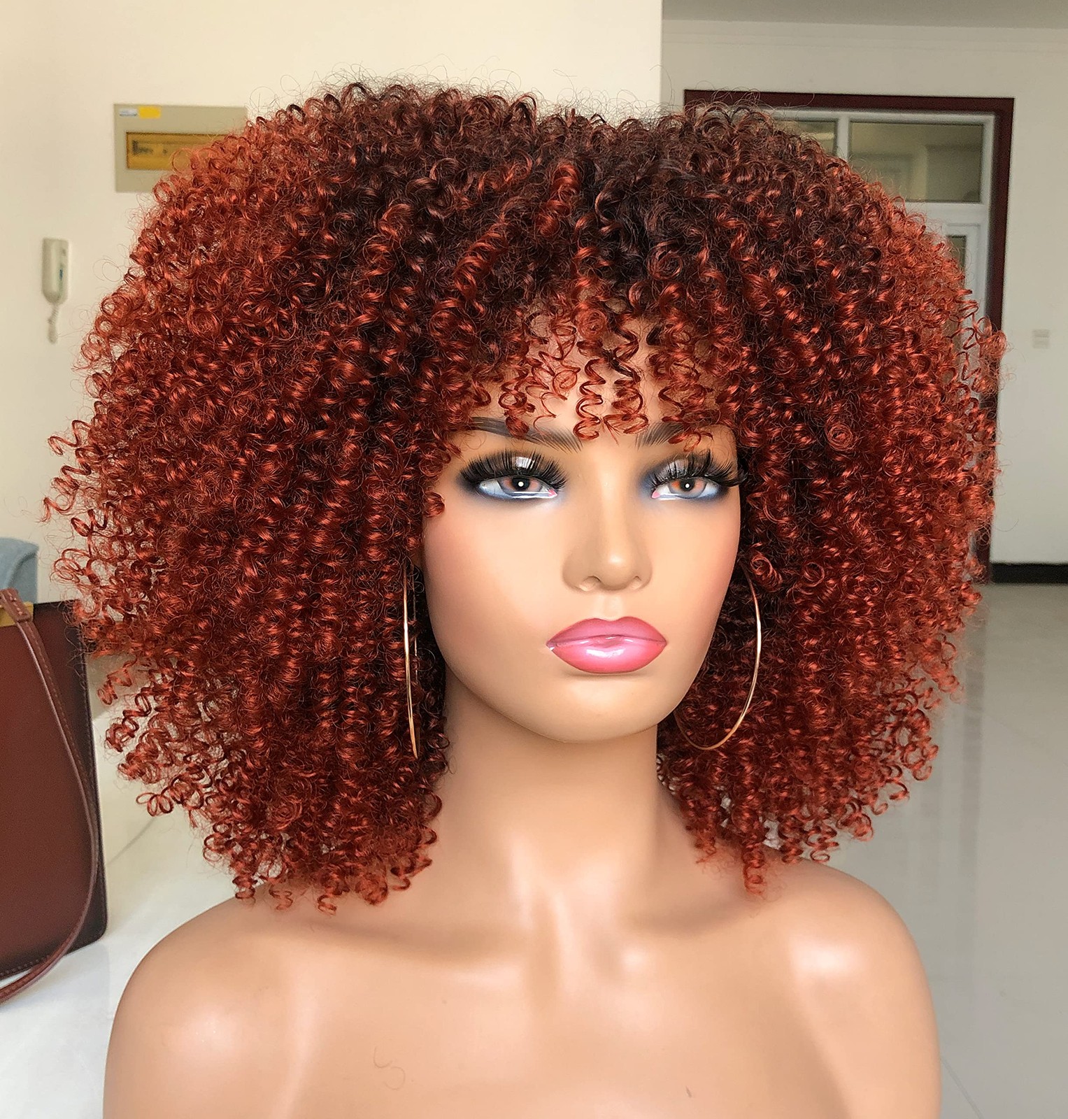 Ombre Brown Curly Wigs for Black Women 14 Inch Short Afro Curly Wig with Bangs G