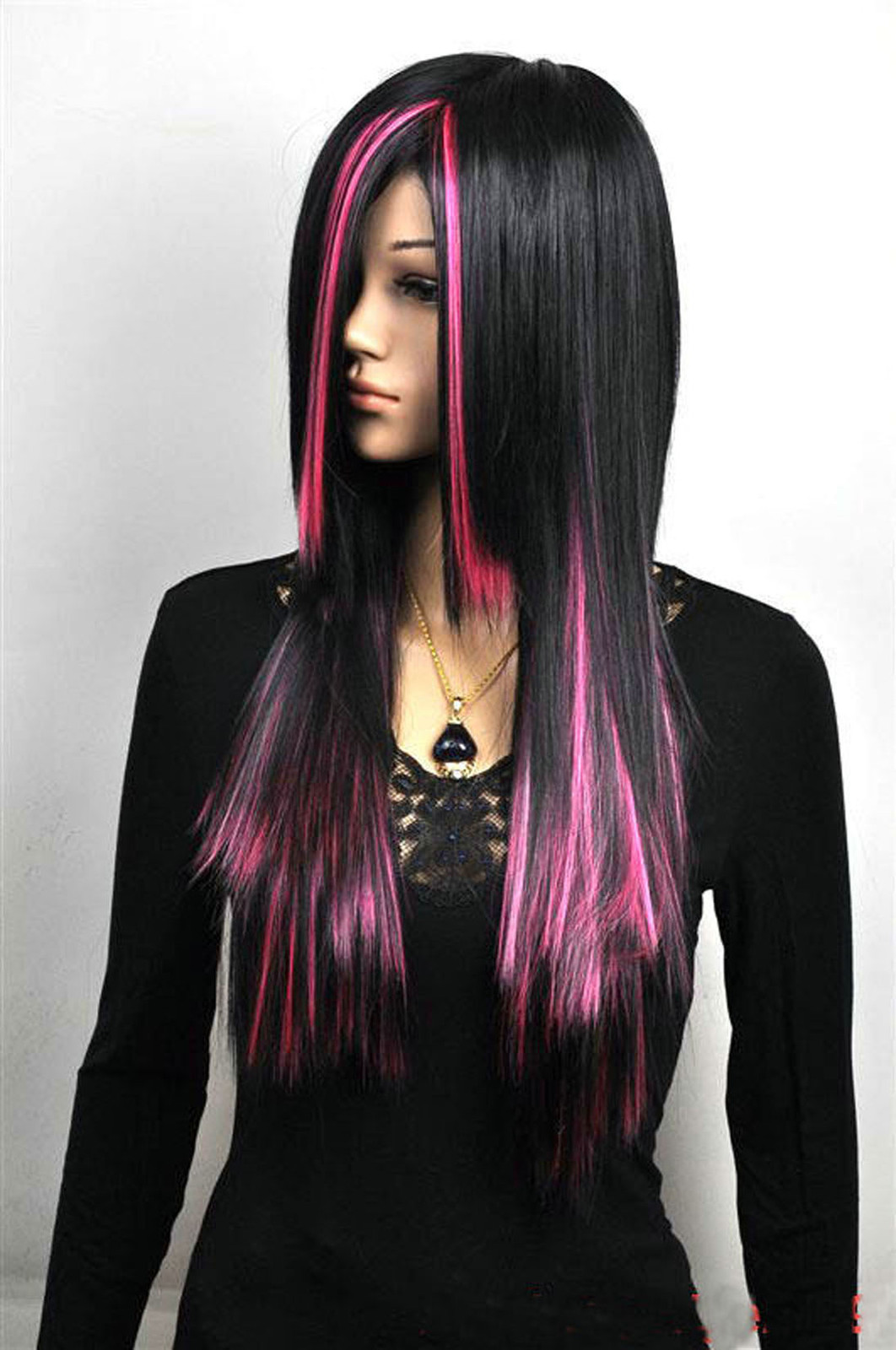 Hot Sell Fashion Long Black Mix Pink Straight Hair Women’s Lady’s Hair Wig Wigs