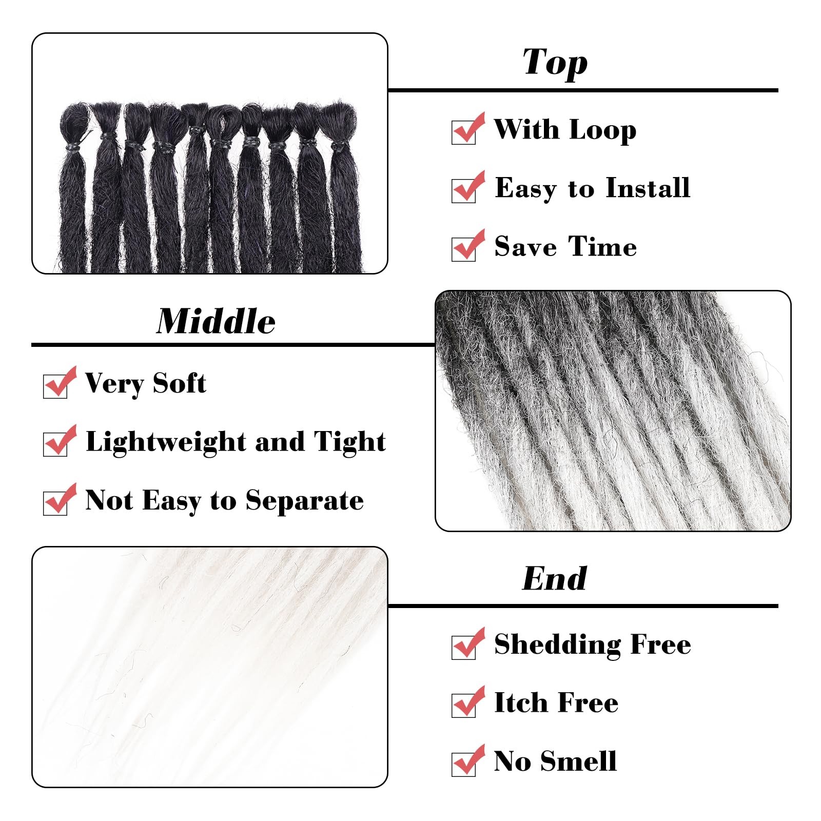 20 Strands Synthetic Dreadlock Extensions 24 Inch Black to White Single Ended