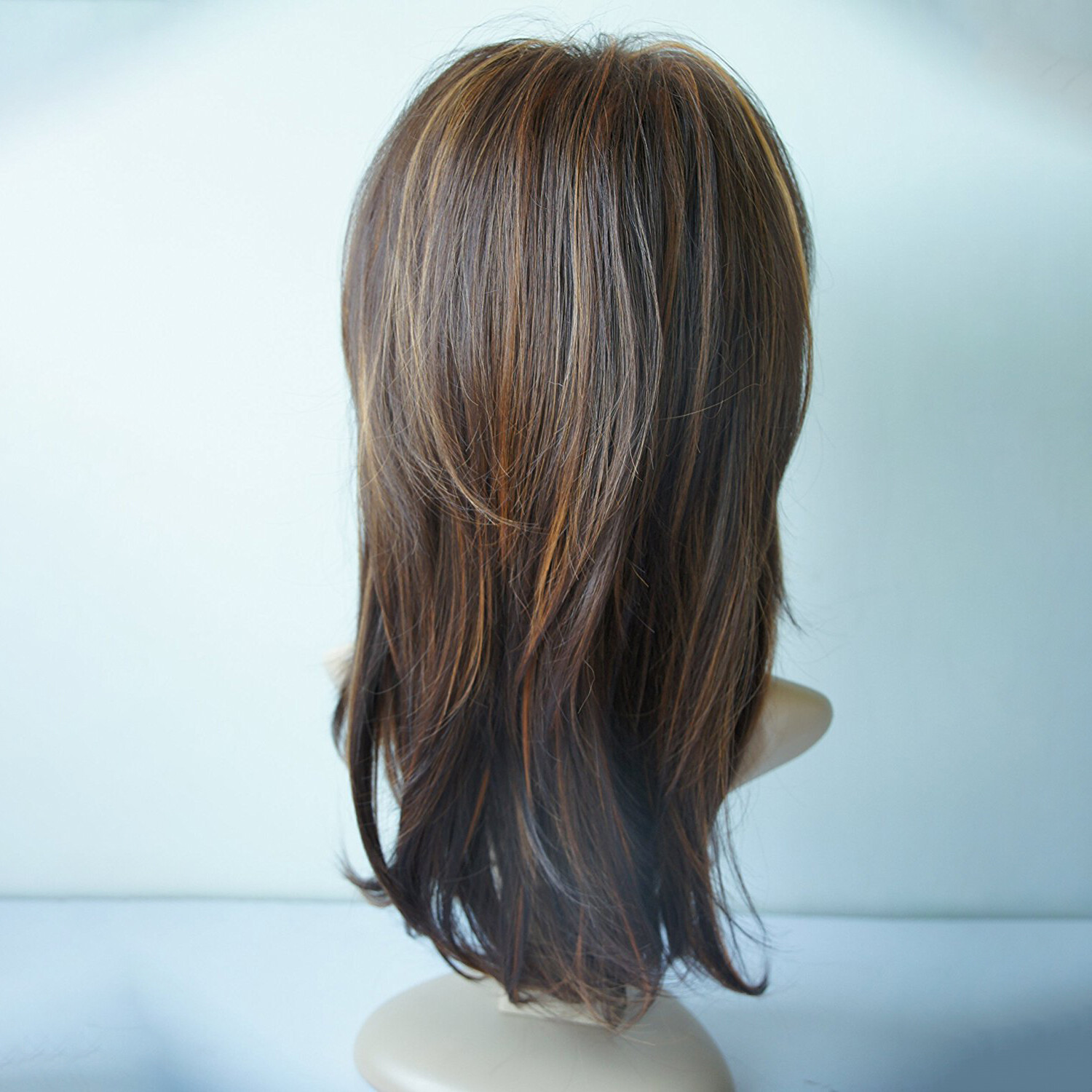 Dark Brown w/Gold Highlight Ombre Shoulder Length Wig Women Synthetic Curly Hair