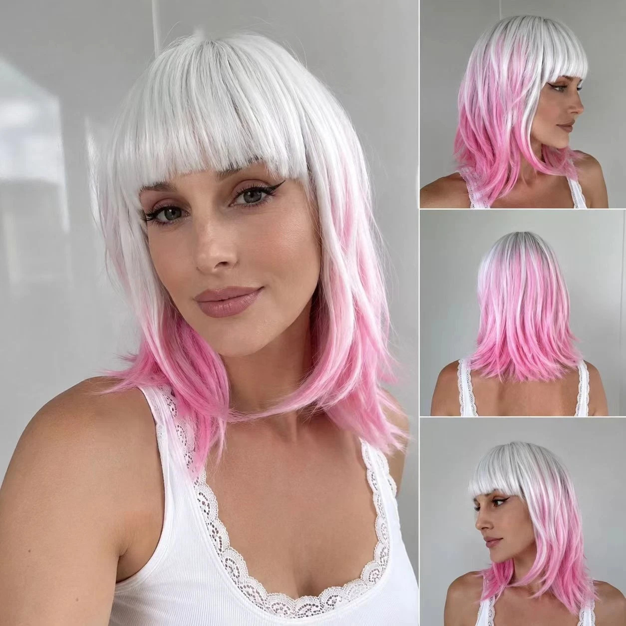 Short BOB Wig Gray Ombre Pink Wig Heat Resistant Synthteic Cosplay Hair wig