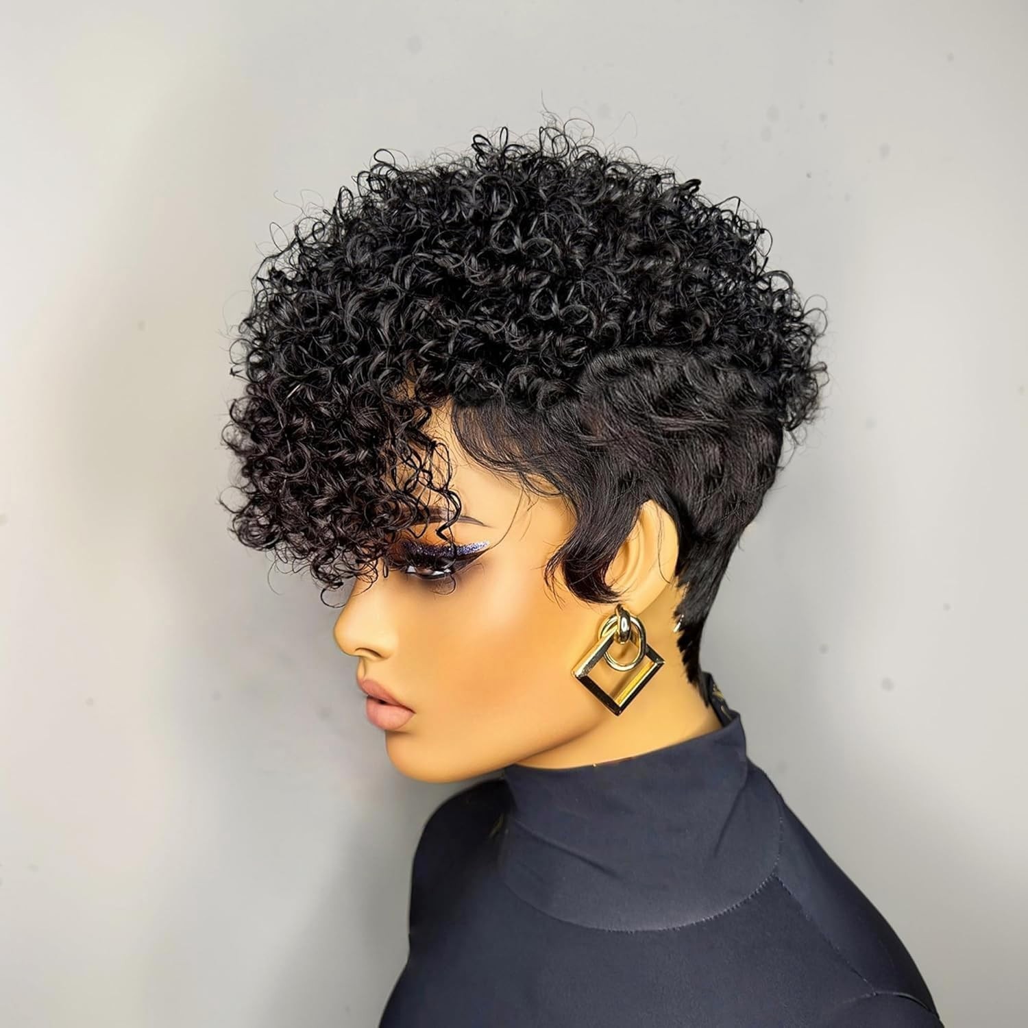 Short Layered Pixie Cut Wig for Black Women – Curly Human Hair with Bangs, Gluel
