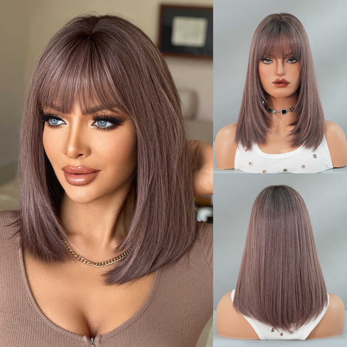 Pink Purple Straight Wig with Bangs Heat-Resistant Layered Synthetic Hair 17″