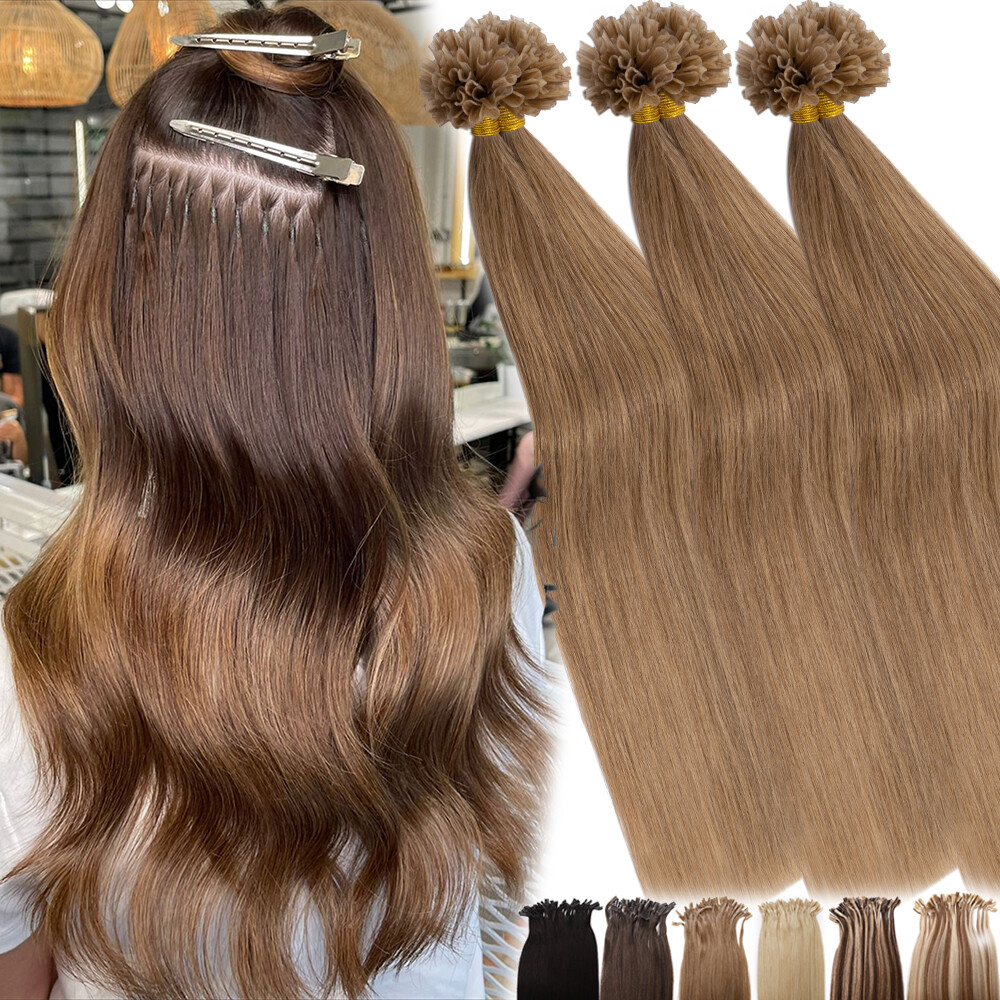 Fusion U Nail Tip Keratin Human Hair Extensions Remy Pre Bonded Glue 100G 12-24″