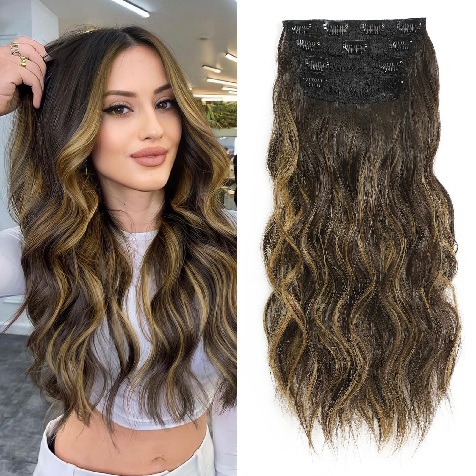 NAYOO Black with Brown Highlight Clip in Long Wavy Hair Extensions for Women 4PC