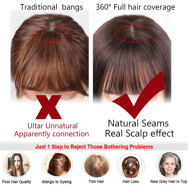 Silk Base 100%Remy Human Hair Topper Top Piece Extensions Women Toupee Clip BANG