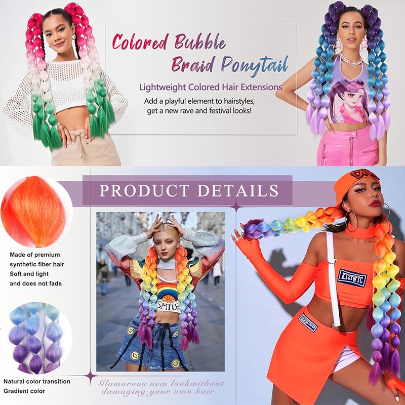 Braids Bubble Synthetic Ponytail Extension Rainbow Scrunchie Hairpiece Box Braid