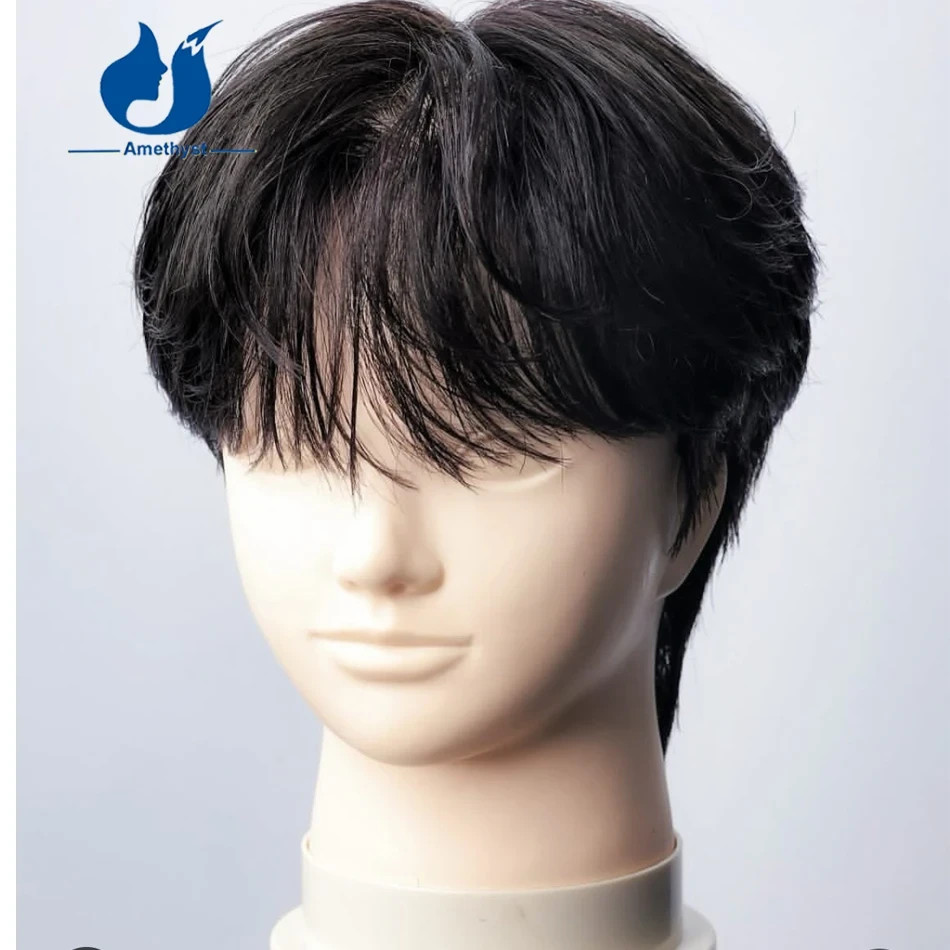 Black Straight Short Pixie Cut Wig for Men Human Hair with Bangs Full Lace Wig