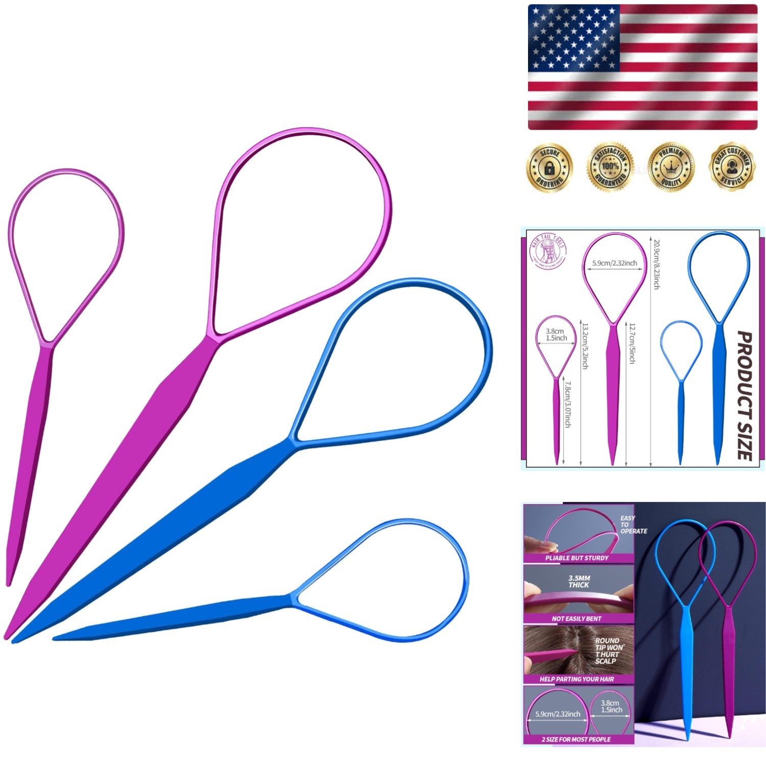 Effortless Hair Braiding: 4pc Purple and Blue Styling Tool Set for Women & Girls