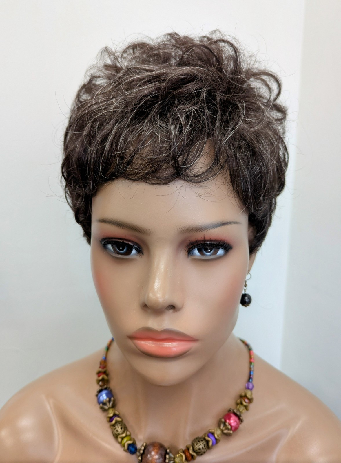 Short Pixie Curly Tony Of Beverly Tess Color 34 Dark Brown Mix 25% Gray Streaks