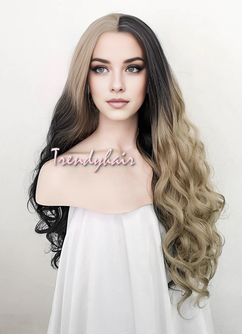 Half and Half Blonde Black Long Wavy Hair Synthetic Lace Front Wig Drag Queen