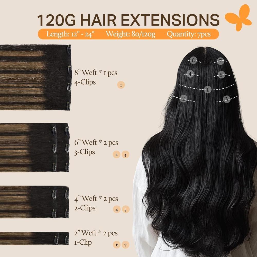 DOORES Hair Extensions Clip in Real Natural Black to Chestnut Brown 120g 22 Inch