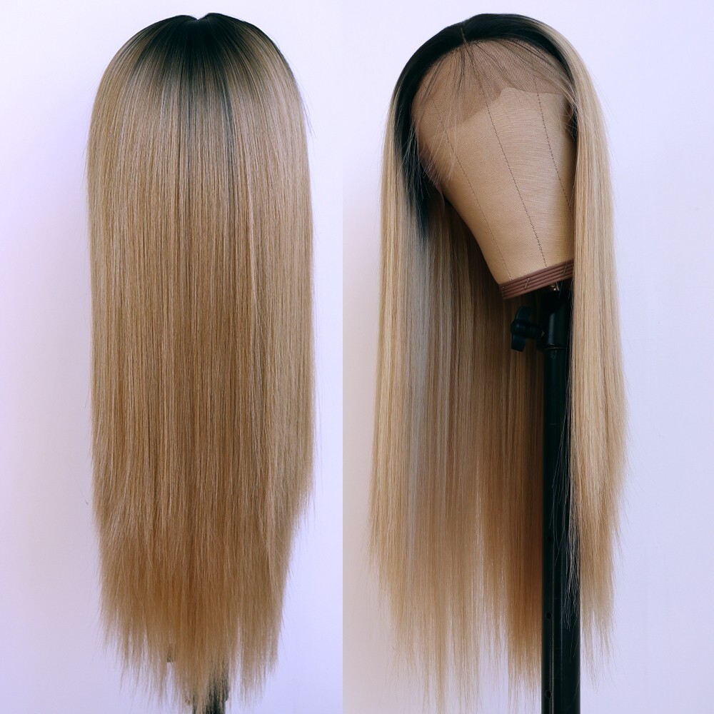 Ombre Blonde Hair Synthetic Lace Front Wigs Heat Safe Pre Plucked 13×4 Free Part
