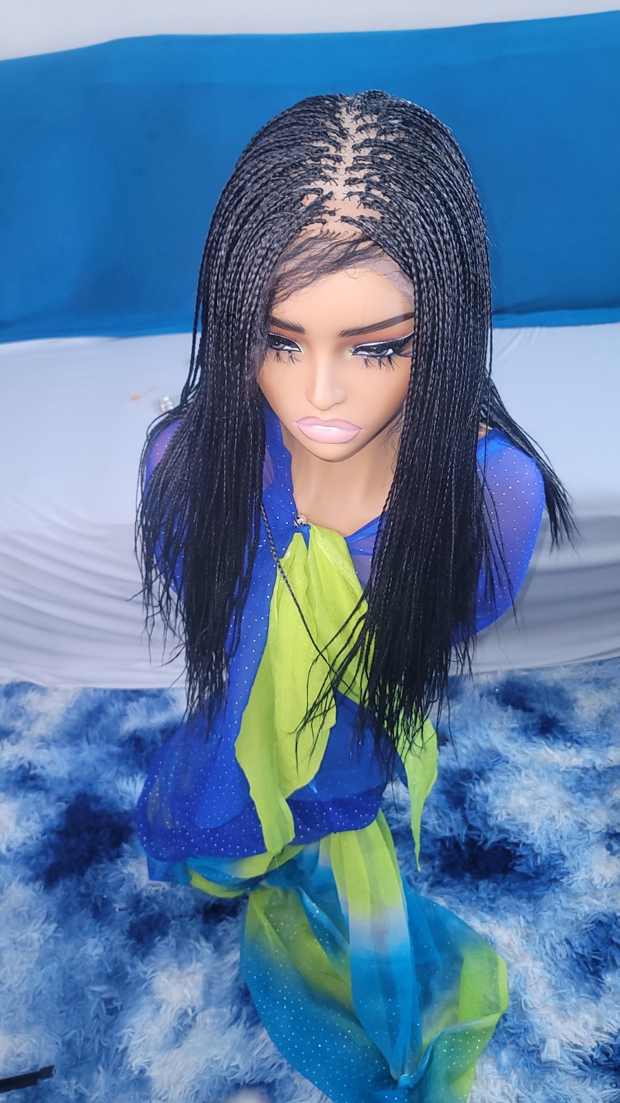Braided Wig Full Lace Glueless 16″ Micro Boho Braids Jet Black #1 Short Handmade