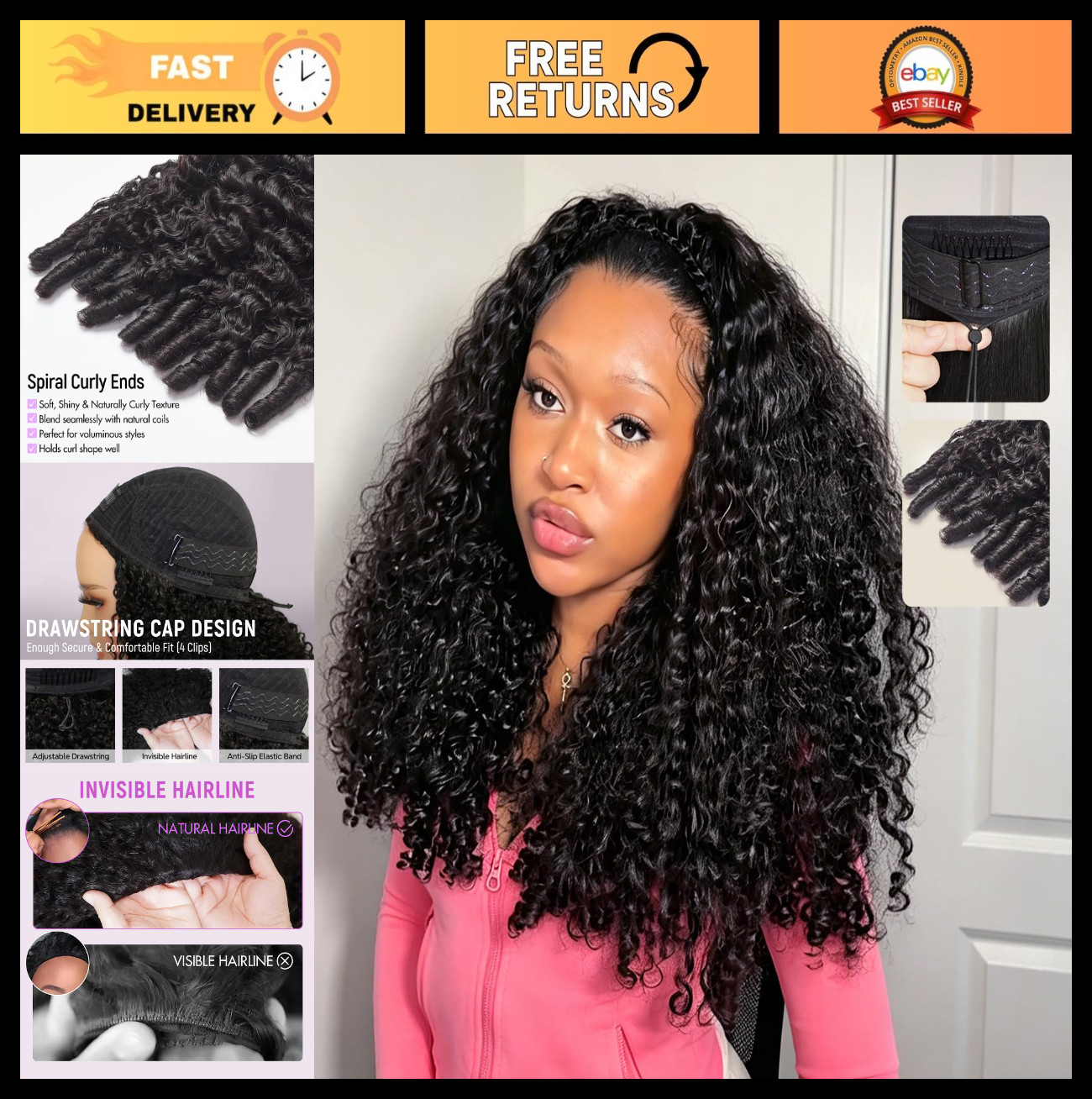 Burmese Curly Half Wig 24″ – 3 in 1 Drawstring, Seamless, Glueless, Easy Wear fo