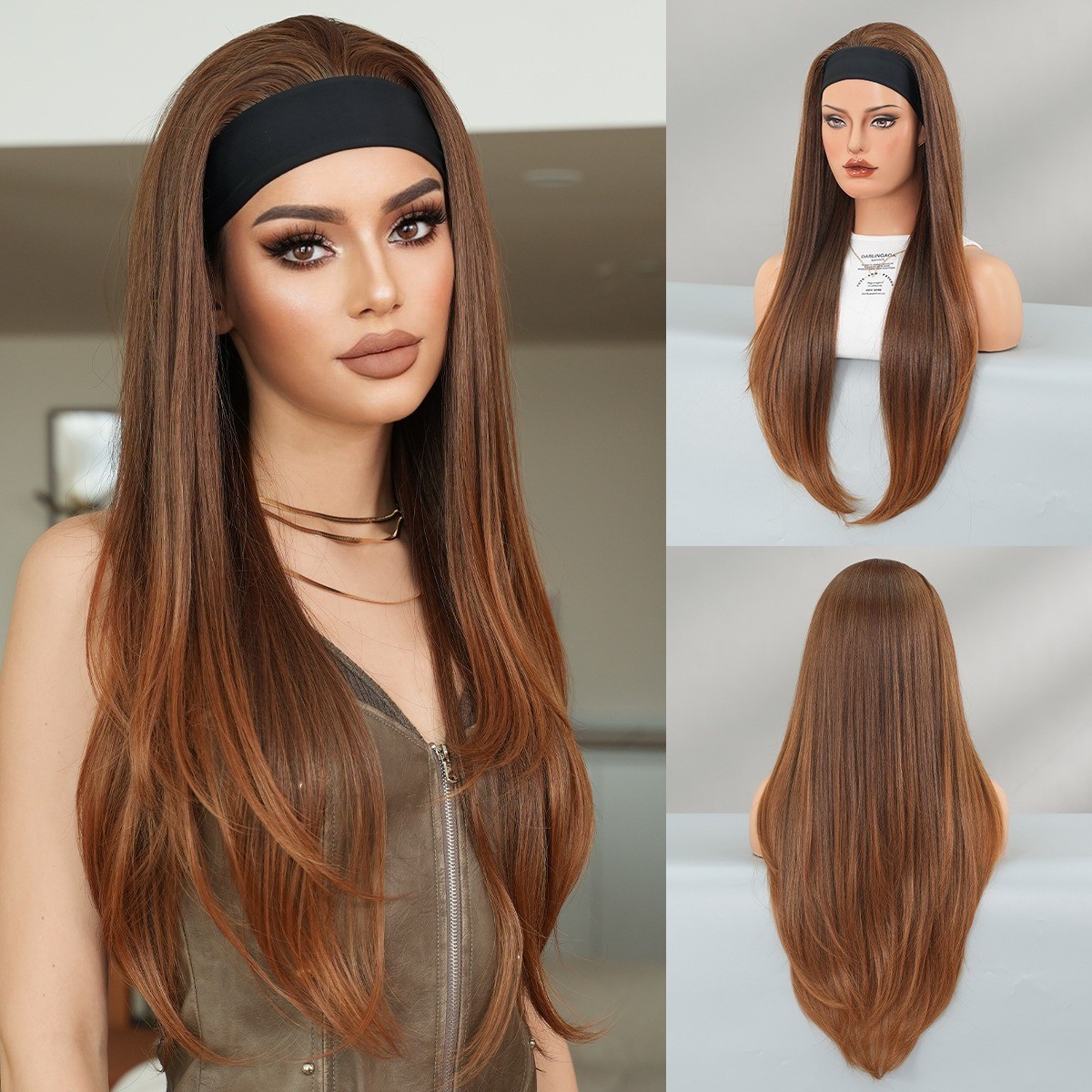 Black headscarf hairband wig layered straight hair golden brown full head coveri