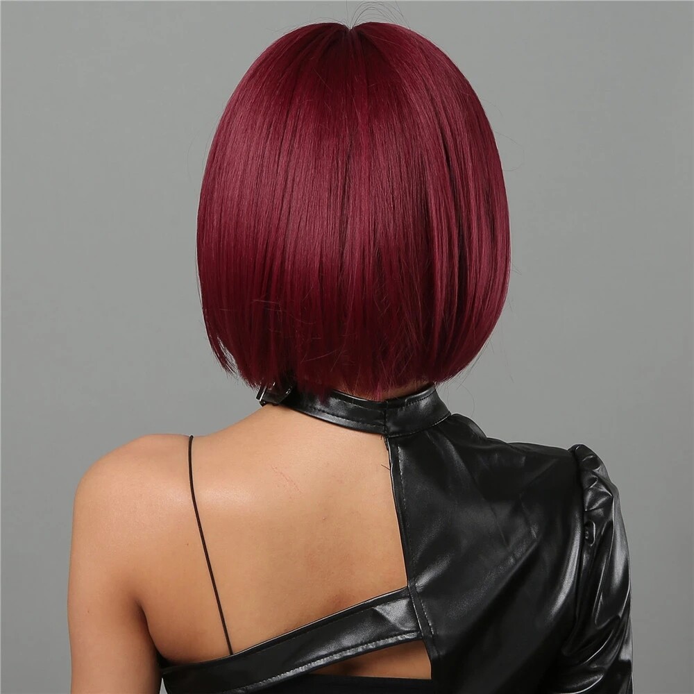 Women Short Synthetic Wigs with Bangs Wine Red Color Natural Bob Straight Wigs