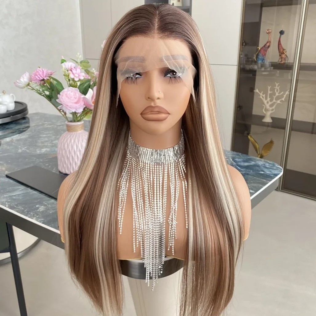 HD Lace Front Wig Honey BROWN Light Blonde Highlights 28 Inches Long