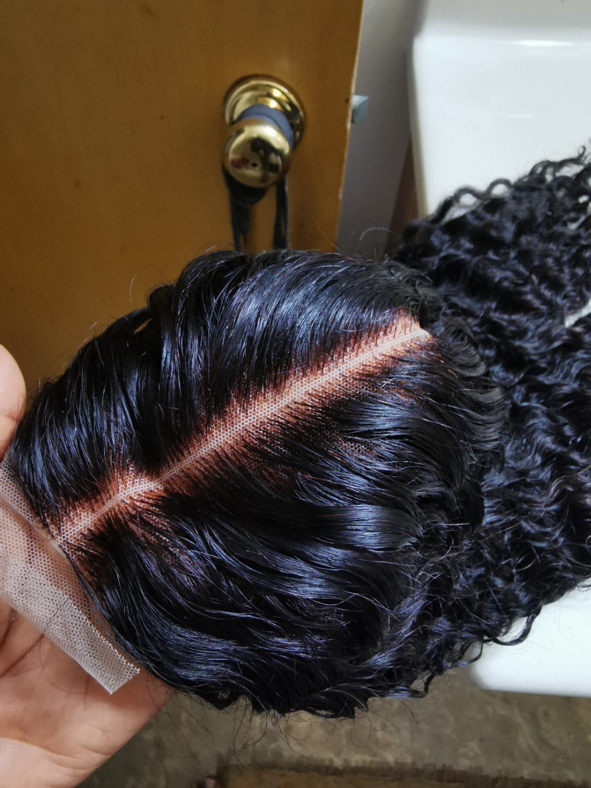 Quality Natural Black Curly Human Hair Glueless Deep Closure Wig 22″ Handmade