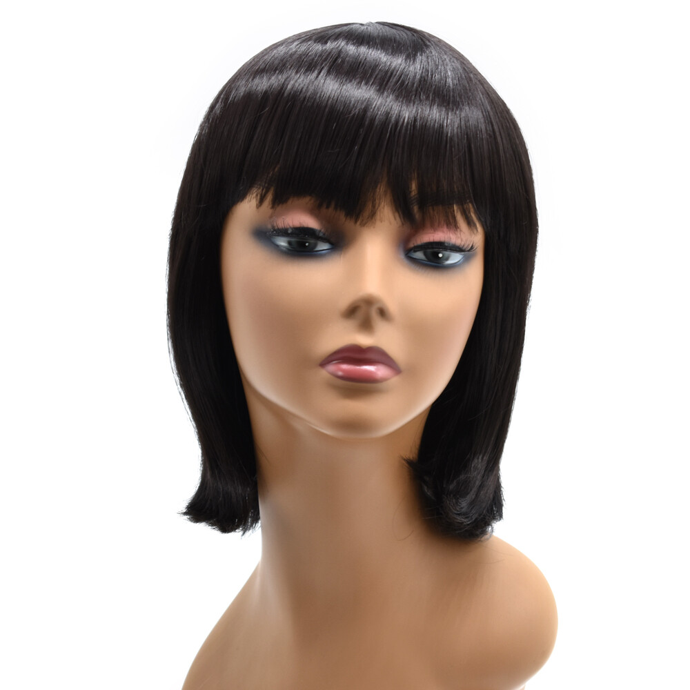 Women Bob Wigs with Bangs Natural Look Premium Synthetic Short Black Brown Hair
