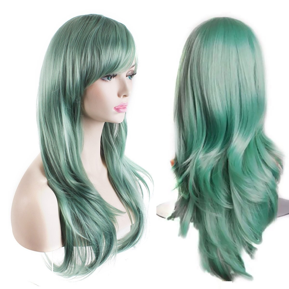 Trendy 28-Inch Long Wavy Curly Wig in Grey Green – Perfect for Halloween & More