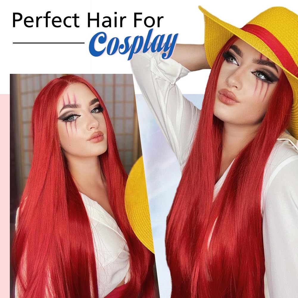 WIGER Long Straight Red Wig for Women, Middle Part Synthetic Cosplay Costume