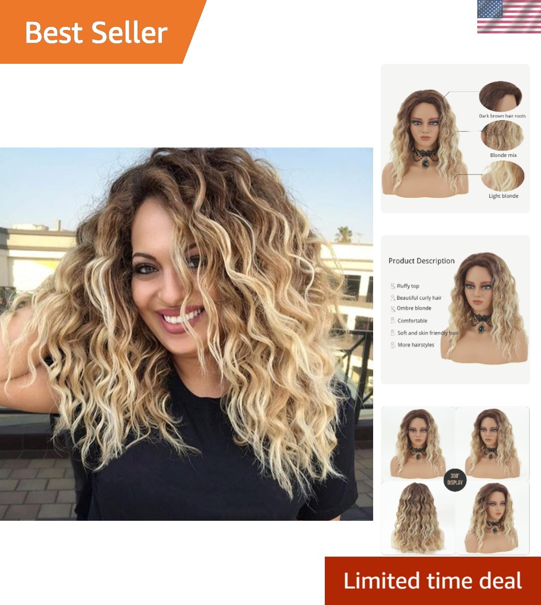 Ombre Blonde Curly Wigs for Women Medium Length Synthetic Wig Afro Wave Curly…