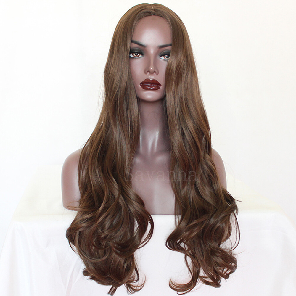 Long Brown Synthetic Hair Silk Top No Lace Wigs Natural Wavy Heat Resistant Wig