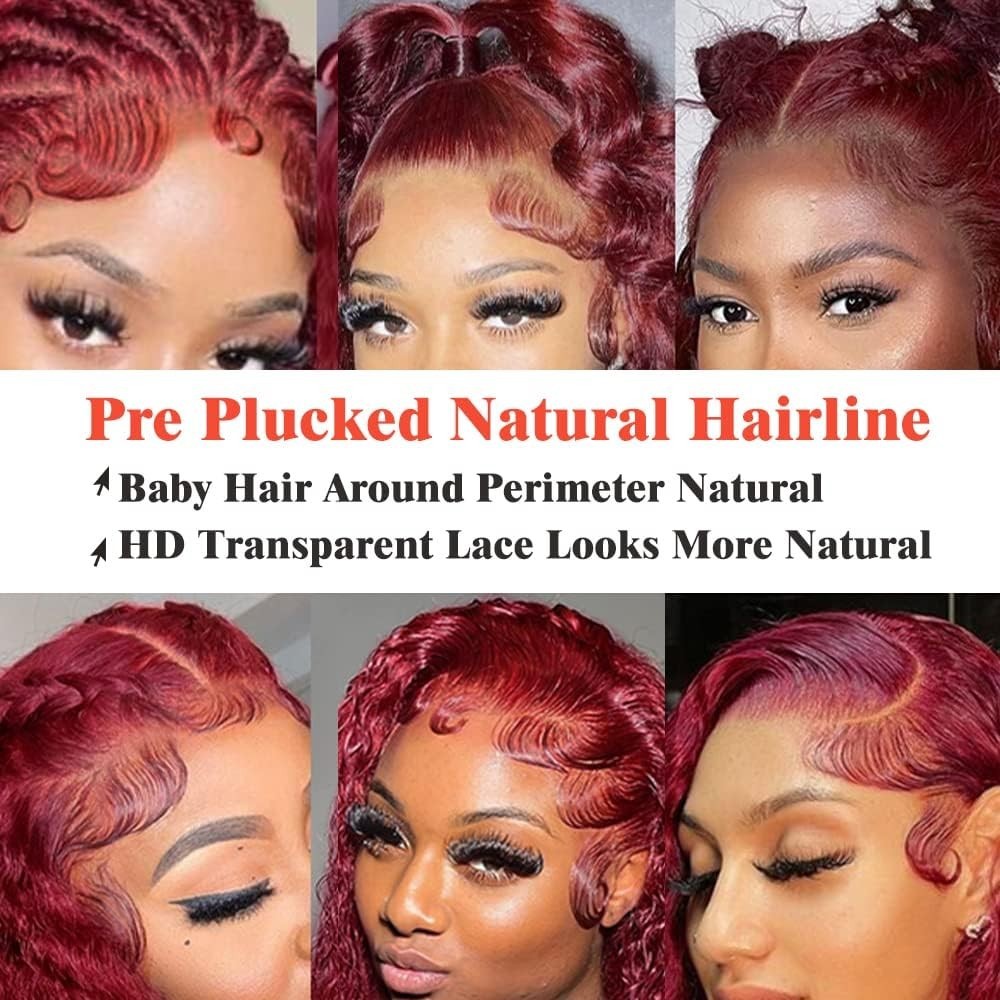 18″ 99J Burgundy Deep Wave Lace Front Wigs Human Hair 180% Density 13×6 HD