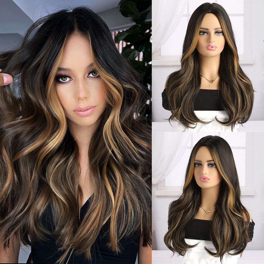 24″ Long Brown to Gold Ombre Wavy Wig for Women Heat Resistant Synthetic Cosplay