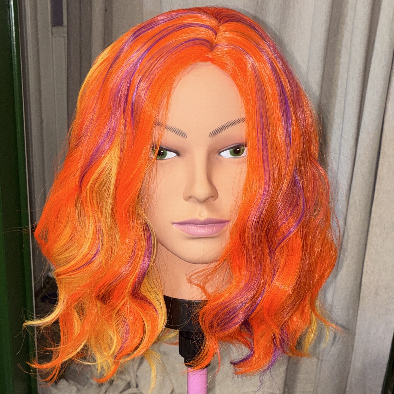 Wavy Curly Synthetic Wig Orange Purple Yellow Shoulder Length Classic Cap Bonded