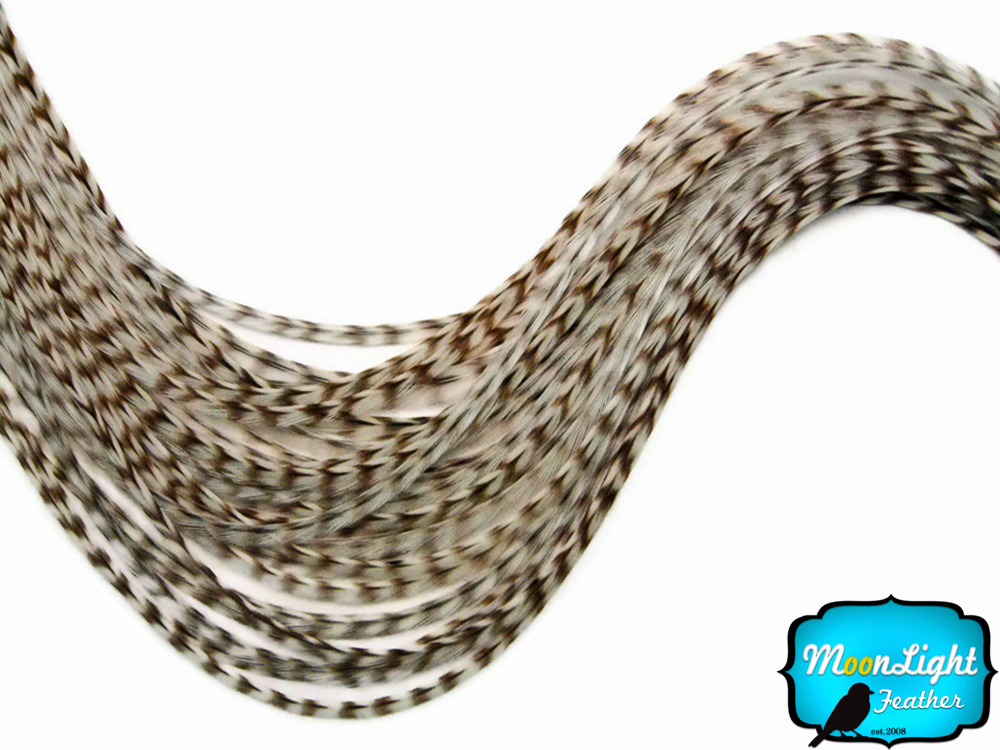 MOCHA Thin Long Grizzly Rooster Feather & Silicon Bead