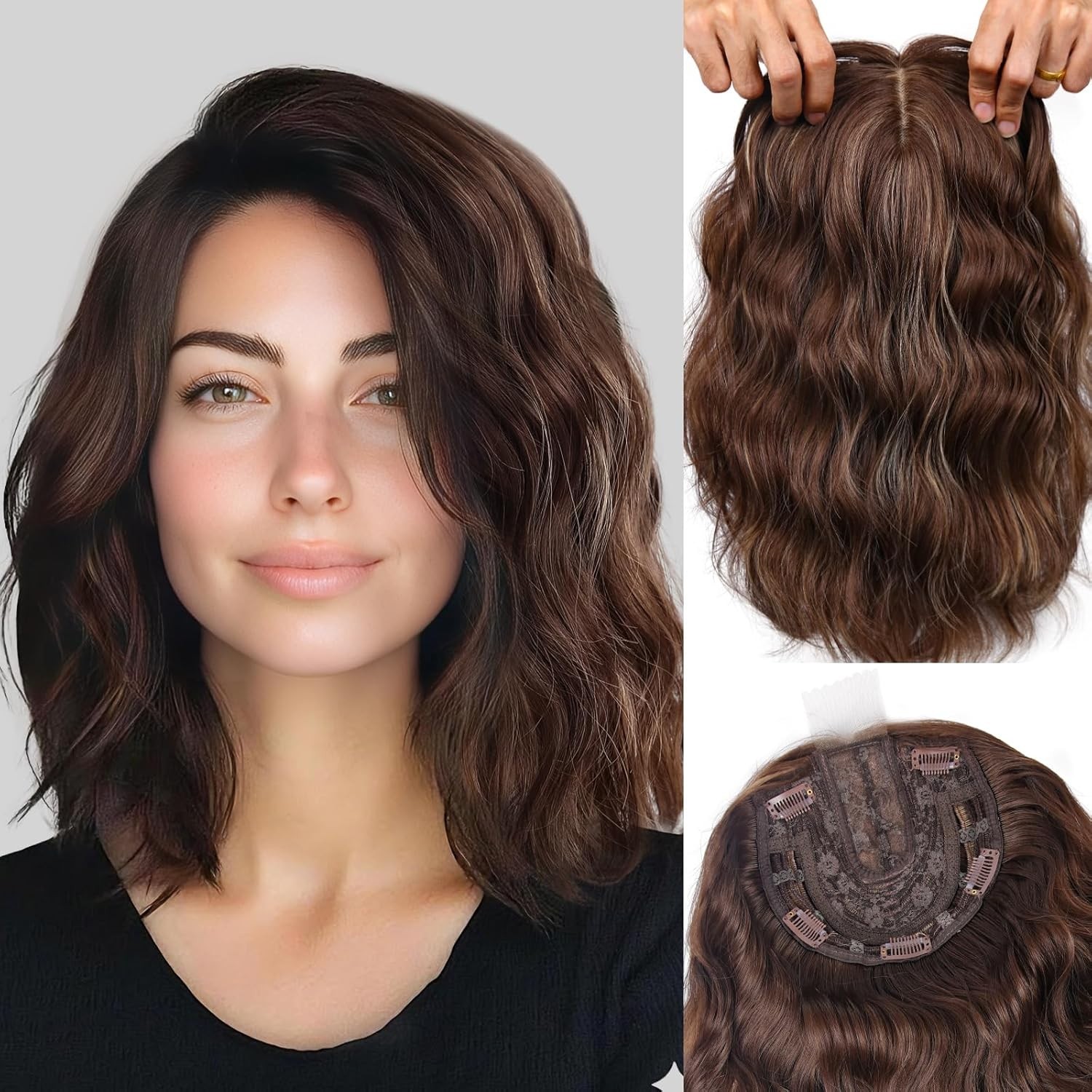 Brown Blonde Highlights Short Wavy 11in Natural Hair Topper