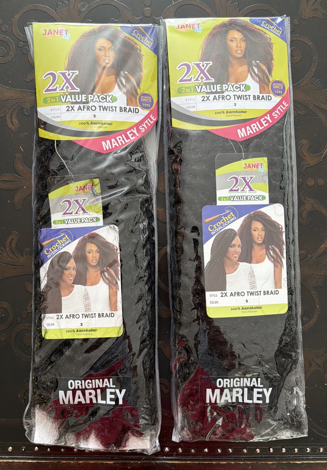 Janet Collection Hair Kanekalon 2x Afro Twist Braid Color 2 Original Marley + 1x
