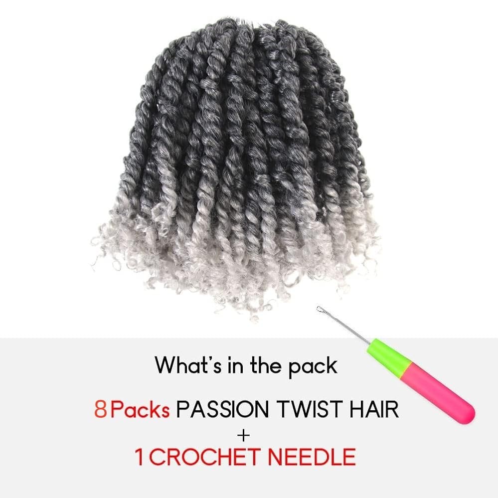 WUDAS 6 Inch Short Pre-Twisted Passion Twist Crochet Hair Ombre Grey