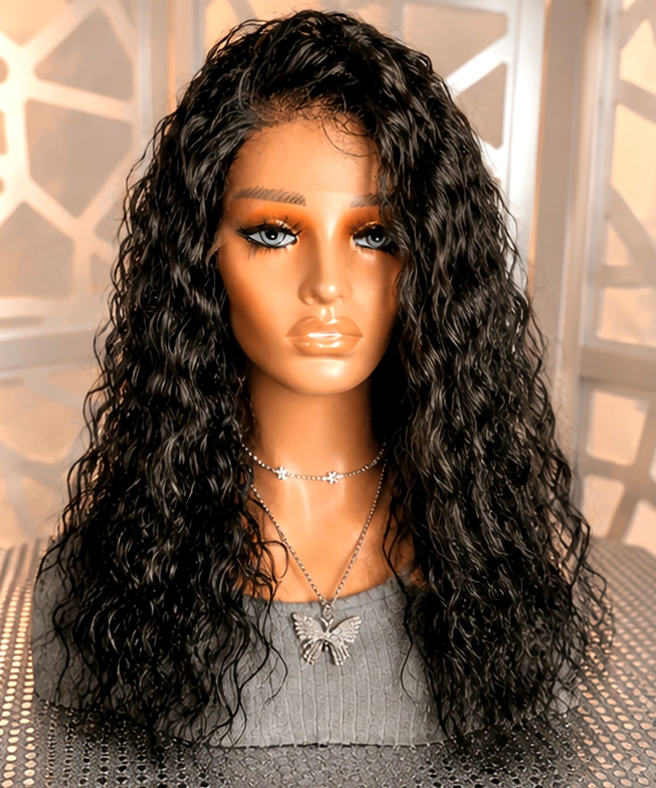 Jet Black Wavy Wig 13×6 Lace Front Human Hair Blend Curly Wig Heat Glueless