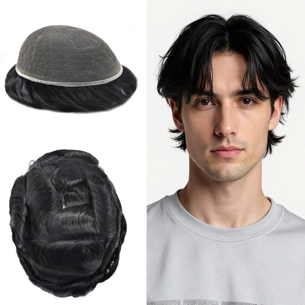 Mens Hair Piece Full French Lace Real Human Replacement System Hair Breathable T